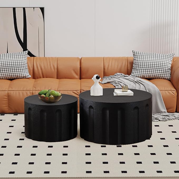 Round Nesting Coffee Table Set of 2, Round Fluted Coffee Tables for Living Room Modern Nesting End Side Tables for Small Spaces (B Black)