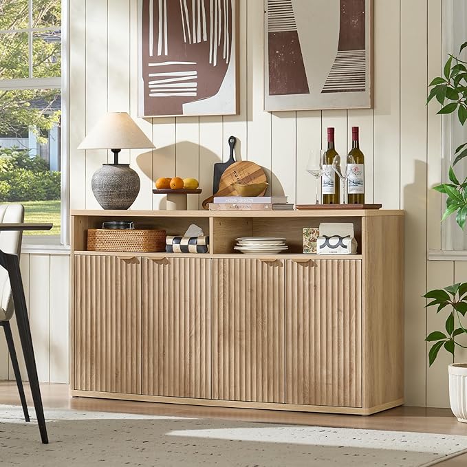 LEYAOYAO Fluted Buffet Cabinet with Storage, 55" Wide Wood Sideboard Credenza with 4 Doors & Open Storage Shelf, Kitchen Entryway Accent Table, Modern Console Cabinets for Dining Room, Natural Oak