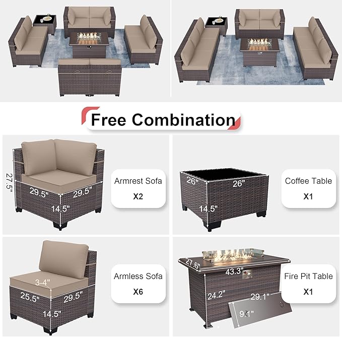 Kurapika 10 Pieces Patio Furniture Set, Rattan Wicker Outdoor Conversation Sets w/43in Propane Fire Pit Table and 4 Inch Cushion(Sand)