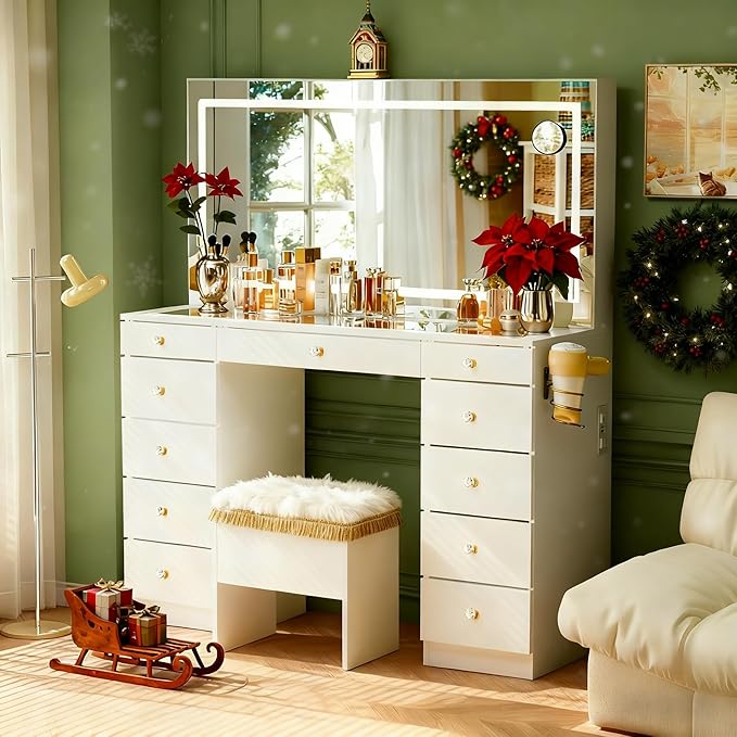 Pamapic Glass Top Vanity Desk with Crystal Handles, 11 Drawers Makeup Vanity with Mirror and Stool, 3 Lighting Modes Dressing Table, Power Outlet, Silent Slides, White