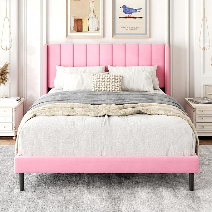 Full Size Bed Frame with Upholstered Wingback Headboard, Easy Assemnly Platform Bed, Wooden Slat Support No Box Spring Needed, Pink
