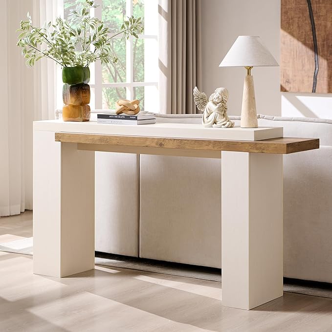 OKD 63 Inch Modern Entryway Console Table, Solid Geometry Accent Sofa Table Behind The Couch, Narrow Console Table for Entryway, Hallway, Living Room, Foyer, Antique White