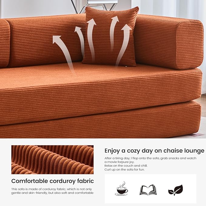 Folding Sofa Bed Convertable Corduroy Couch King Size Floor Sleeper 4-in-1 DIY Combination Modular Sofa Fold Out Futon Lounge Comfy Foldable Lazy cama for Living Room (Orange, 80.15")