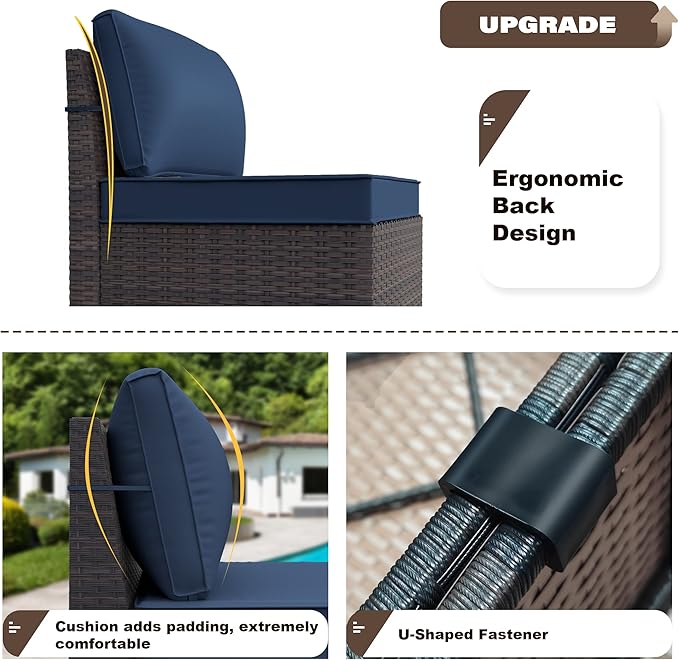 Kurapika 13 Pieces Patio Furniture Set, Rattan Wicker Outdoor Conversation Sets w/43in Propane Fire Pit Table(Navy Blue)