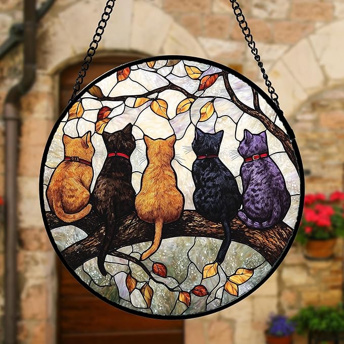 Stained Glass Window Hanging - 5 Cats on a Branch Suncatcher for Window Doors Home Decoration and Christmas, Mother's Day Father's Day Birthday Gifts for Women, Men, and Mom 11.8x11.8 in