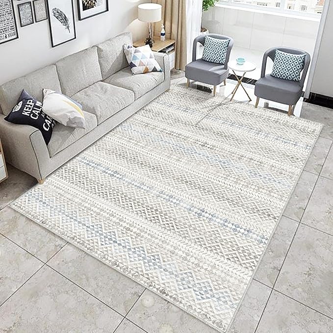 8'x10' Machine Washable Vintage Design Area Rug - Non Slip, Stain Resistant for Home, Office, Machine Washable Area Rugs 8x10, Area Rugs for Living Room (Grey Blue Cream 8x10)…