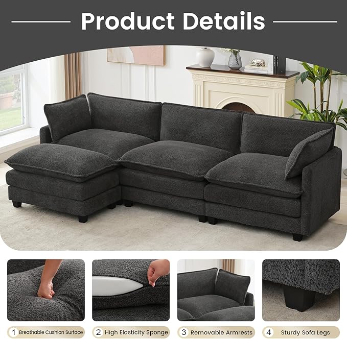 ROWHY Oversized Modular Sectional Couch with Movable Ottoman, 112" Modern Convertible L Shaped Sofa Set, 4 Seat Comfy Cloud Couch with 2 Throw Pillows, for Living Room, Chenille, Charcoal Grey