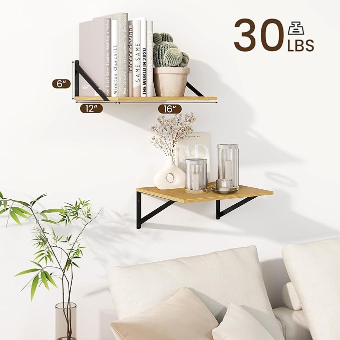 Fun Memories Floating Shelves for Wall, 12 Inch Deep Floating Shelves Set of 2, 16W x 12D Large Wall Shelf with Sturdy Metal Brackets for Living Room, Bathroom, Bedroom and Kitchen, Oak