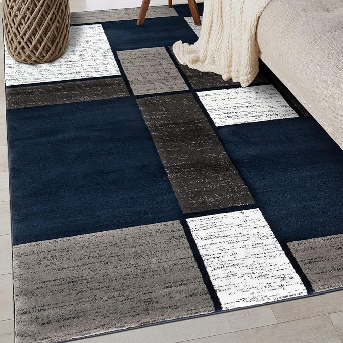 Rugshop Modern Geometric Boxes Navy Area Rug, Fade-Resistant Carpet for Bedroom, Office, or Entryway, 3'3" x 5'