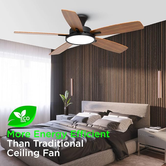 TALOYA 52 inch Ceiling Fans with Lights and Remote, Low Profile Ceiling Fan with Light, Flush Mount, Reversible, 3CCT, Dimmable, Ultra Quiet Black Ceiling Fan for Bedroom Living Room Indoor Outdoor