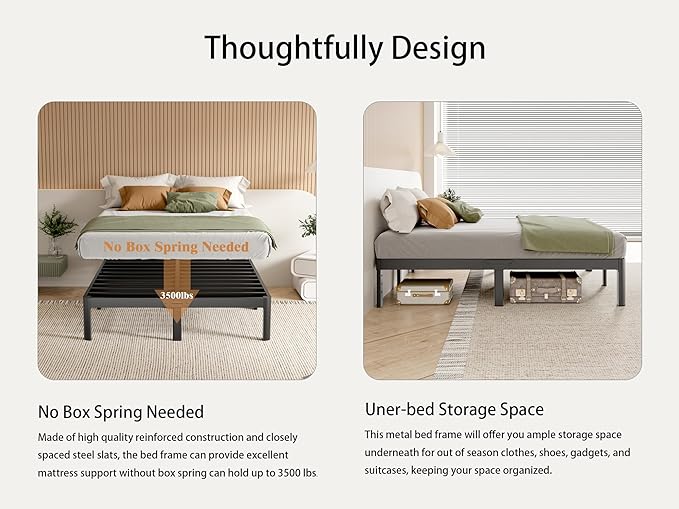 Black Bed Frame Queen Size 14 Inch, Metal Queen Bed Frame No Box Spring Needed, DIY Headboard Holes, Heavy Duty Steel Support 3500 LBS, Noiseless, Round Corner Leg, Storage Space, Easy Assembly