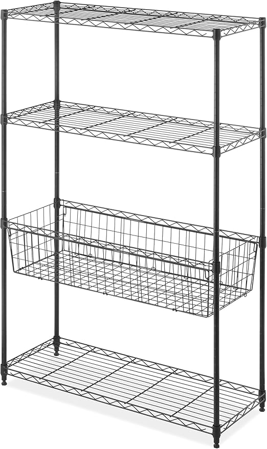 Whitmor 4 Tier Shelving Unit, Metal Storage Shelves with Basket, Adjustable Heavy Duty Shelf, 400 lbs Capacity per Shelf, 1600 lbs Total for Pantry, Garage, Workshop, 36" L x 14" W x 54" H, Black