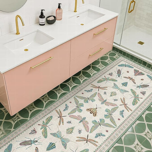 Boho Bathroom Runners - 2x6 Blue and Green Rug for Kitchen, Entry Way, Non Slip Washable Butterfly Insect Print Home Decor