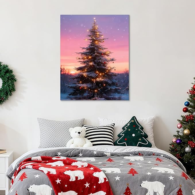 Framed Christmas Pictures Wall Decor,Vintage Pine Tree Prints,Winter Christmas Canvas Wall Art Decoration for Bedroom Bathroom Living Room Rustic Xmas Holiday Gifts (Christmas Tree 10, 16'' X 24'')