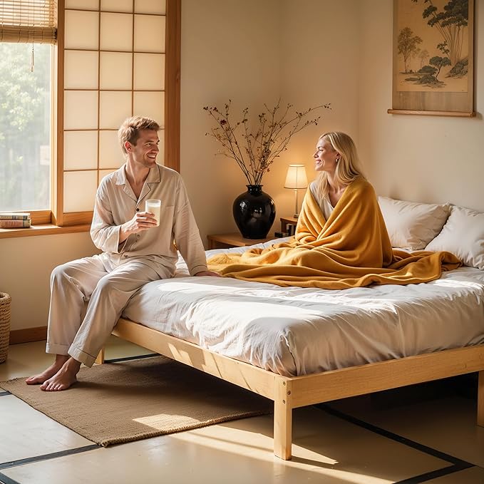 Hokway Wood Queen Bed Frame-No Wobble,Noise-Free,Easy Assembly with Precise Holes,12 in Wood Slat Support,No Box Spring Needed,Natural