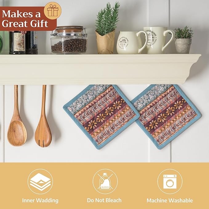 Maison d' Hermine Pot Holders Set 100% Cotton Heat Resistant Potholders 8" x 8" Hot Pads with Loop for Thanksgiving Christmas Decorations BBQ Cooking Baking Handling Hot Pans (Pack of 2, Fair Isle)