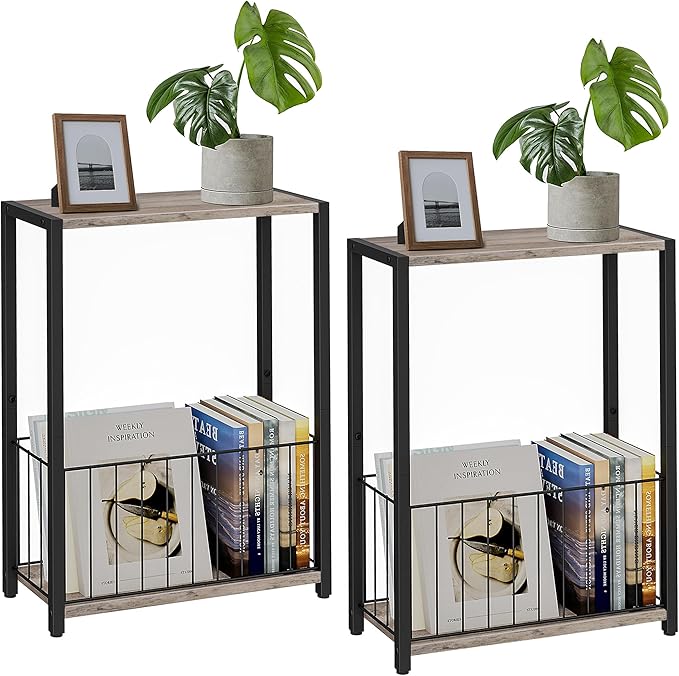 Narrow Side Tables Set of 2 with Magazine Holder, Skinny End Tables Perfect for Small Spaces, Space-Saving Design for Living Room, Bedroom, or Office, 7.1" D x 16.9" W x 23.6" H, Greige