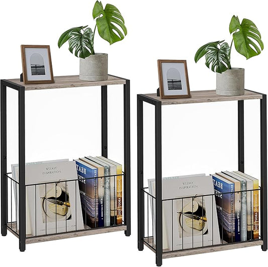 Narrow Side Tables Set of 2 with Magazine Holder, Skinny End Tables Perfect for Small Spaces, Space-Saving Design for Living Room, Bedroom, or Office, 7.1" D x 16.9" W x 23.6" H, Greige