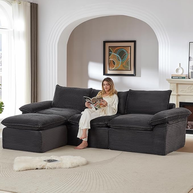 111" Cloud Sectional Couch with L-Shaped Chaise, Corduroy Sectional Sofa with Ottoman, Boneless Couch with Deep Seat in a Box for Living Room, No Assembly Required (Dark Grey)