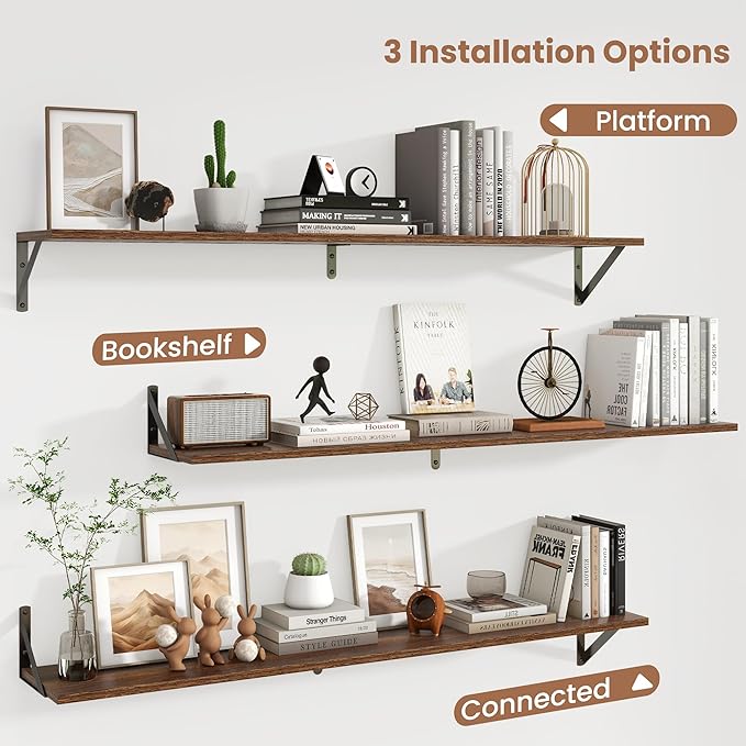 Axeman 48 Inch Floating Shelves | 8 Inch Deep Walnut Wall Shelves Set of 2 | 47.3W x 8D Rustic Wood Shelves for Bookshelf Living Room Bedroom Home Office Bathroom