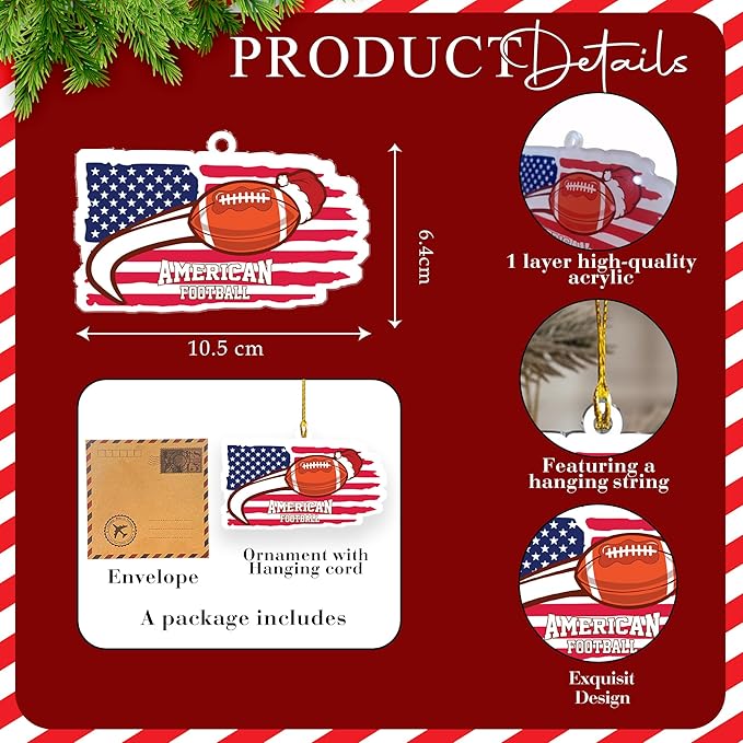 American Flag Football Christmas Ornaments 2025 - Acrylic Football Ornaments for Christmas Tree - US Flag Sports Themed Hanging Decor for Friends, Sport Player, Coaches, Teammates, Fans, Enthusiasts