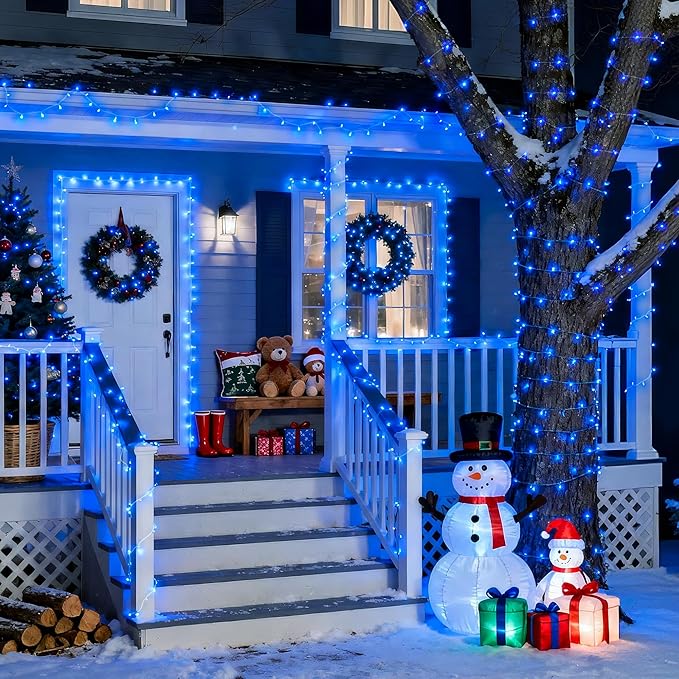JMEXSUSS Blue Christmas String Lights Indoor Outdoor, 66ft 200 LED Blue String Lights Clear Wire Plug in, 8 Modes Waterproof Christmas Lights for Halloween Tree Party Bedroom Wall Christmas Decoration