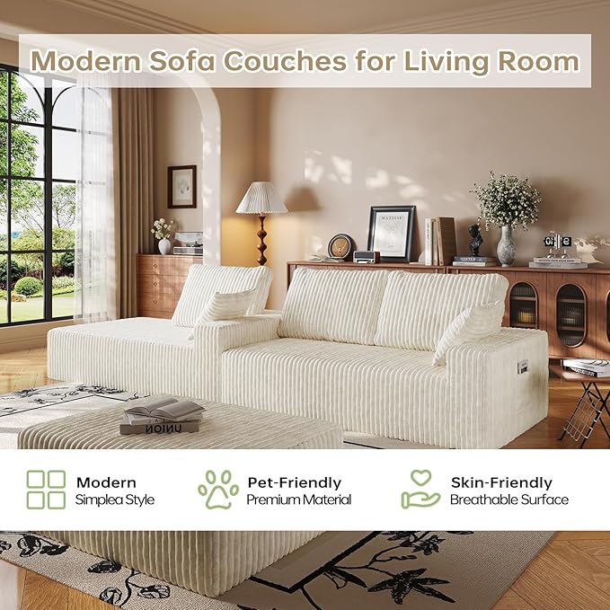 108" Sectional Couches for Living Room, Modular Sectional Sofa with L-Shape Chaise, Boneless Couch, Comfy Corduroy Fluffy Couch with Deep Seat and Side Pockets, No Assembly Required
