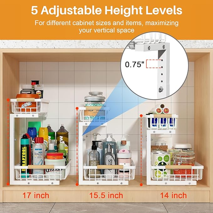 REALINN Under Sink Organizer, Height Adjustable Under Sink Organizers and Storage, 2 Tier Pull Out Drawer Cabinet Storage for Kitchen Bathroom, 2 Pack, White