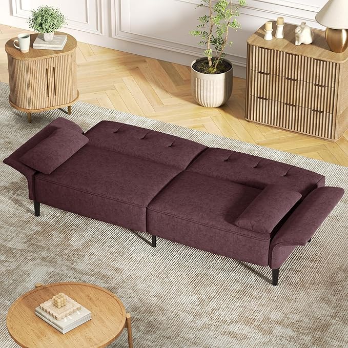 89” Futon Sofa Bed, Comfy Futon Couch Bed with 2 Square Pillows, Convertible Sleeper Sofa with Adjustable Backrest& Armrests, Modern Loveseat Sleeper for Living Room,Velvet Fabric Burgundy