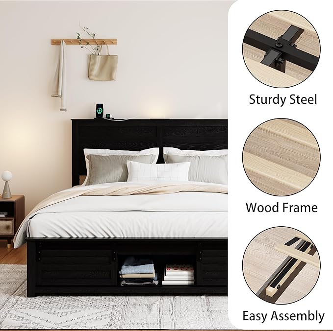 Wooden Full Size Bed Frame with Headboard, Classic Black Farmhouse Storage Bedframe with Sliding Barn Door Footboard and Charging Station, Wood Slats, No Box Spring Needed