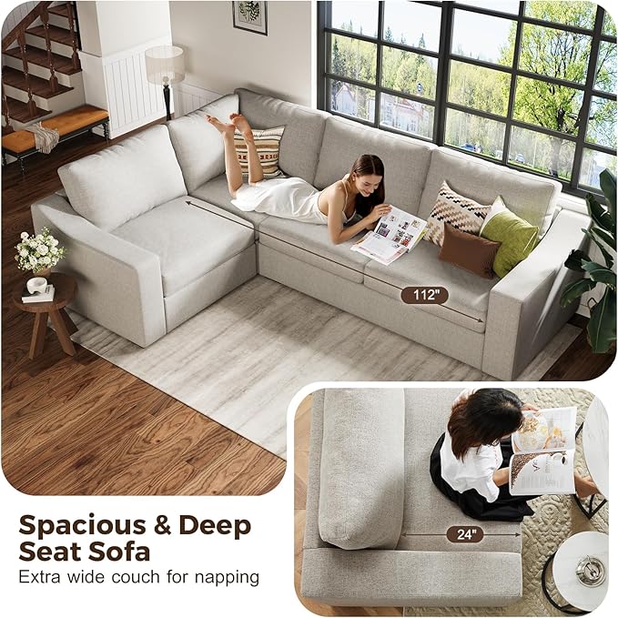 ABCASA 112" Convertible Sectional Sofa, Large L Shaped Couch with Detachable Sofa Cover, Modular Couch for Living Room, Breathable Linen Fabric Corner Sofa for Apartment, Oatmeal