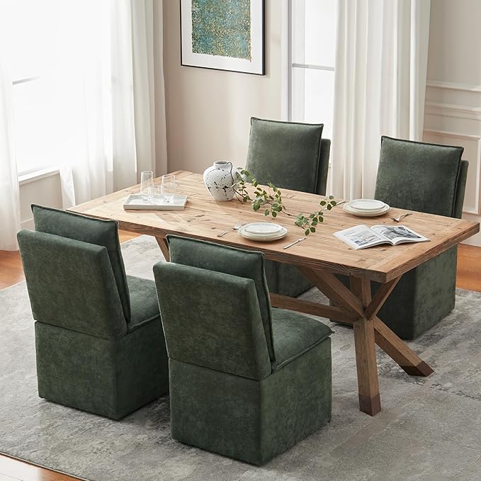 VKNOW Upholstered Dining Chairs Set of 4, Modern Rolling Chairs with Storage and Wheels, Linen Armless Chair with Cushion and Backrest, Dining Room Chairs for Living Room Kitchen Bedroom, Green