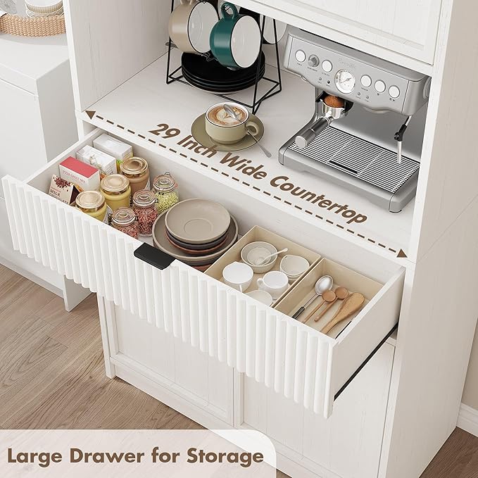 IDEALHOUSE Tall Storage Cabinet, 70" Kitchen Pantry Cabinet with Doors, Fluted Kitchen Hutch Cupboard with Microwave Shelf & Drawer, Freestanding Cupboard for Dining Room, Living Room, Antique White