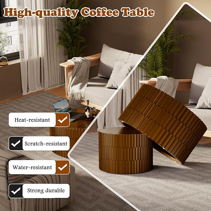 26.8" Round Coffee Table Set of 2 Wooden Nesting Coffee Tables Modern Circle Coffee Table Industrial Side Table Farmhouse Nesting Tables for Living Room Bedroom, Office (Walnut 26.8"+19.7")