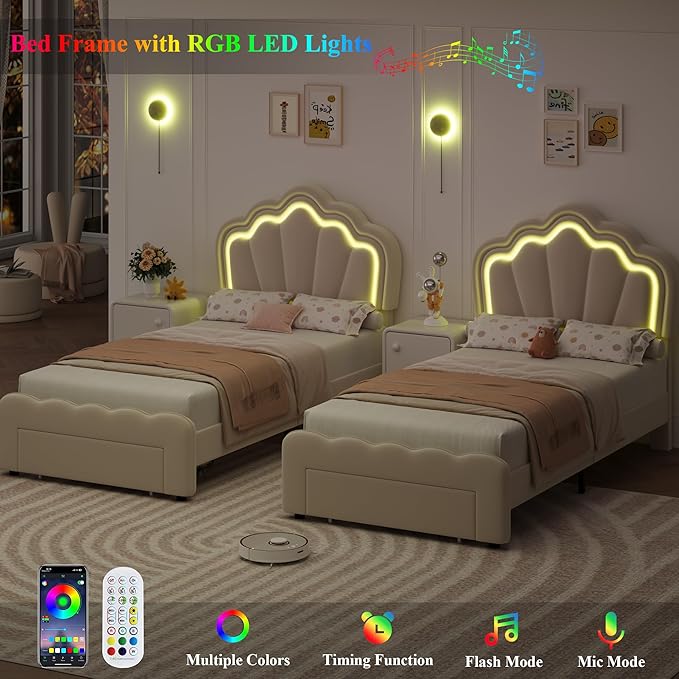 HOSTACK Twin Upholstered LED Bed Frame with Storage Drawer, Cute Girls Bed with Adjustable Lotus Headboard, Velvet Princess Platform Bed Frame, Wooden Slats Support, No Box Spring Needed, Cream