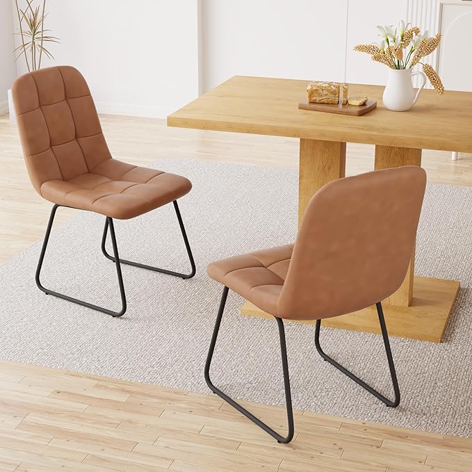 Dining Table Set for 4-6 People, 46 Inch Modern MDF Oak Kitchen Table with 4 Faux Leather Chairs, Rectangular Dining Room Table Set for Home, Small Spaces, Breakfast Nook (Oak Table + 4 Brown Chairs)