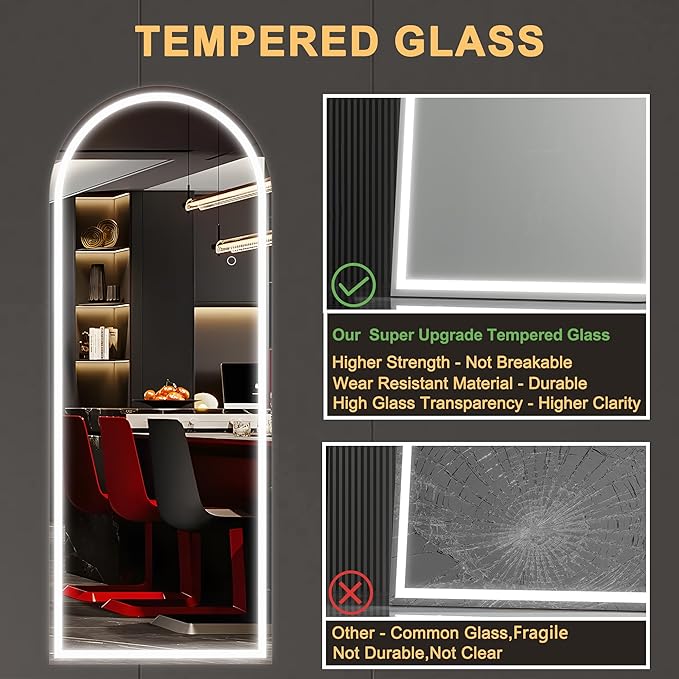 Hasipu 75" x 28" Led Mirror Full Length, Arch Mirror Full Length with Lights, Floor Full Body Glass with Stand,Tempered Glass,Shatter-Proof, Dimming & 3 Color for Bedroom Cloakroom-UL