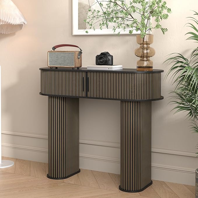 Round Console Table, Mid Century Modern Console Table, Sofa Table, Narrow Entryway Table for Hallway Living Room (Black)