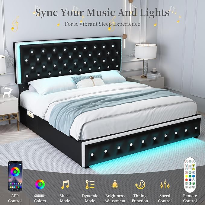 Full Led Bed Frame with 2 Drawers, Upholstered Platform Storage Bed Frames Full Size with Crystal Button Tufted Headboard Footboard, Solid Slats, No Box Spring Needed, Easy Assembly, PU Black