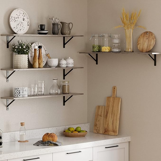 DINZI LVJ Long Wall Shelves, 39.4Inch Wall Mounted Shelves Set of 2, Easy-to-Install, Wall Storage Ledges with Sturdy Metal Brackets for Living Room, Bathroom, Bedroom, Kitchen, Greige