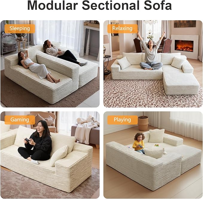 106'' Boneless Couches for Living Room, L Shaped Modular Sectional Sofa with Chaise Lounge, Faux Rabbit Fur & Layered Cushion Deep Seat Cloud Couch, No Assembly (Beige, Right Facing Chaise)