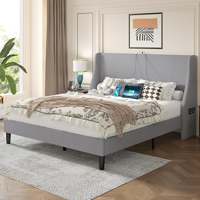 VECELO Queen Bed Frame with Upholstered Wingback Headboard, Heavy-Duty Platform Bedframe with Charging Station, Wooden Slats, No Box Spring Needed, Light Grey