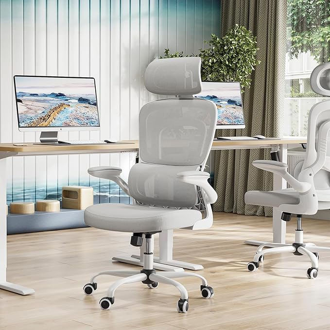Farini Ergonomic Office Chair, Desk Chair with Headrest and Lumbar Support, High Back Swivel Home Office Chair with Headrest for Home Office Bedroom, Gifts, White & Gray