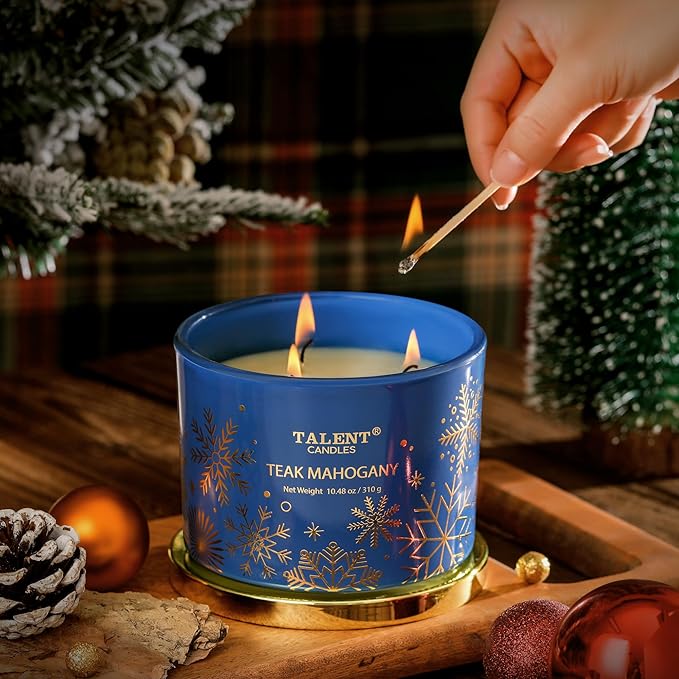 Fall Scented Candles for Home, 10.9oz 3 Wicks Aromatherapy Candle,25hrs burn time, Autumn Scented Candle Gift for Men and Women, Teak Mahogany, TCGG8100A-C