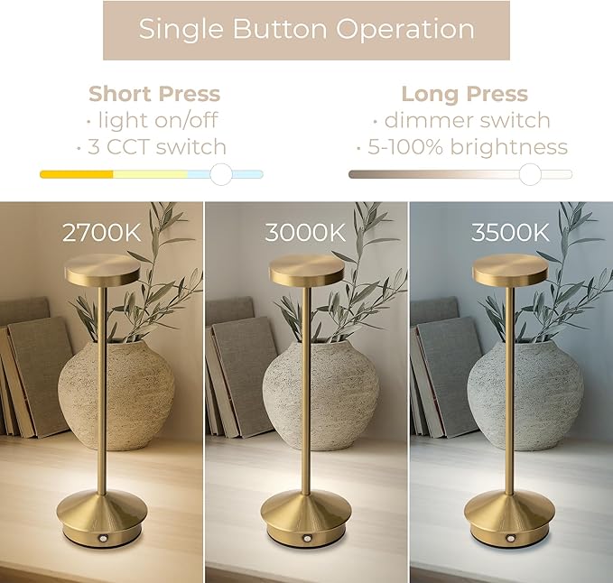 Orbit LED Cordless USB-C Re-Chargeable Desk Lamp, 5200mAh Battery Operated with 3 Color Temperature 2700K-3000K-3500K and Fingertip Touch On/Off Plus Dimming in Satin Brass