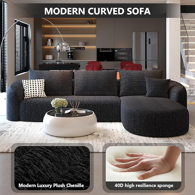 111" Modular Sectional Couches Luxury Modern Curved Back Sofa,Minimalist Comfy L-Shape Boneless Cloud Couch for Living Room Apartment,(Right Facing Chaise,Black)