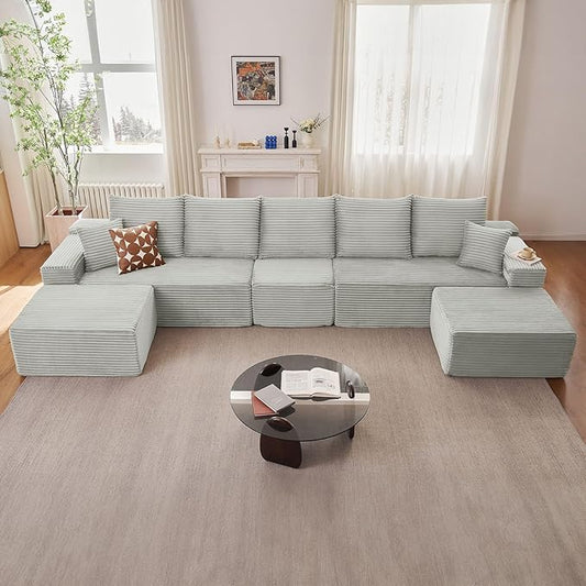167.7" Sectional Cloud Couch for Living Room, Stupendous U Shaped Sofas, Modular Floor Deep-Seat Sofa, Big Comfy Corduroy Couches Set with Fluffy Memory Foam, No Assembly Required, Grey
