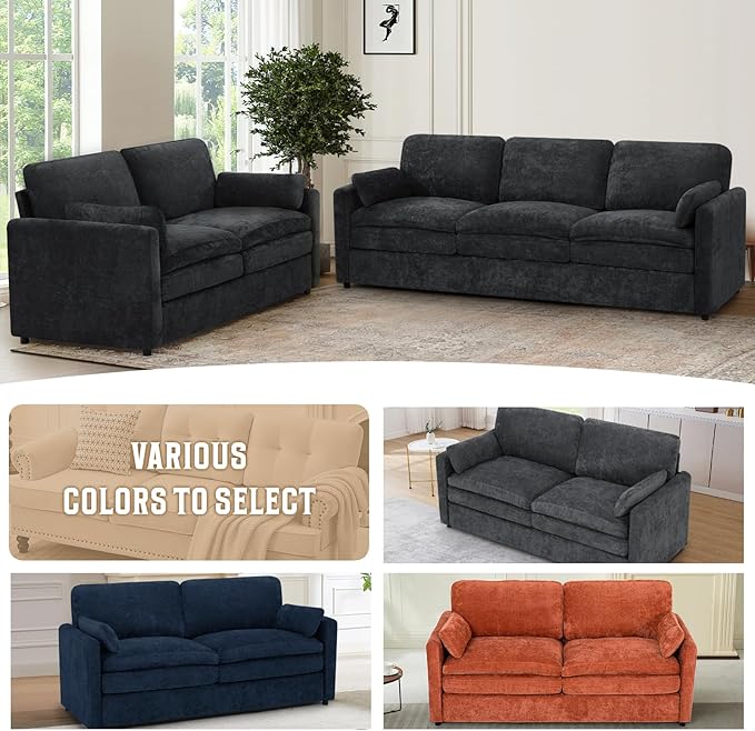 69" Chenille 2 Seats Sofa with 2 Pillows, Modern Upholstered Sofa with Deeper Seats, Comfy Sofa with Thickened Cushions for Living Room, Apartment, Black