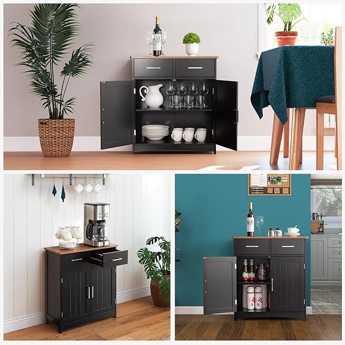 Buffet Cabinet with Storage, Coffee Bar Cabinet 26 x 30 Inches, Oak Top Sideboard Cabinet, Matte Black Finish, Anti-Fall Drawers, Arched Doors, Adjustable Shelves