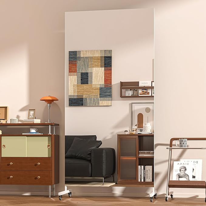 Hasipu Home Gym Mirror 360° Swivel on Wheels, 71" x 28" Extra Large Full Body Rolling Mirror for Yoga Studio, Bedroom, Dancing Studio, White